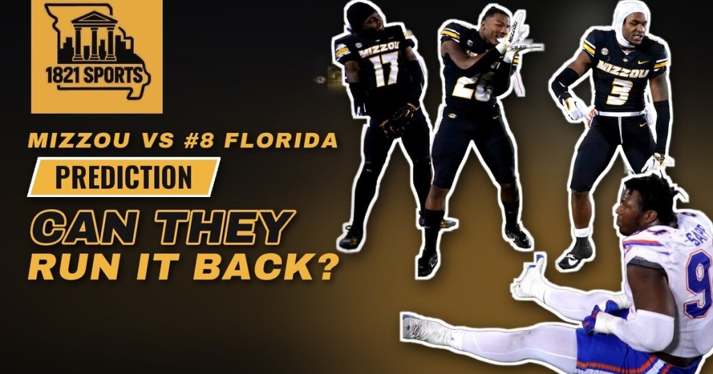 1821 Sports Podcast thumbnail reading Mizzou vs #8 Florida Prediction, Can They Run It Back?, with Missouri players celebrating and a Florida player on the ground
