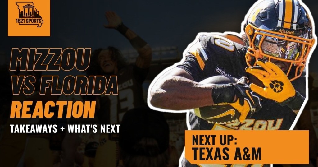 1821 Sports Podcast thumbnail reading Mizzou vs Florida Reaction, Takeaways and What's Next, Next Up: Texas A&M, with a Missouri ball carrier in a black uniform